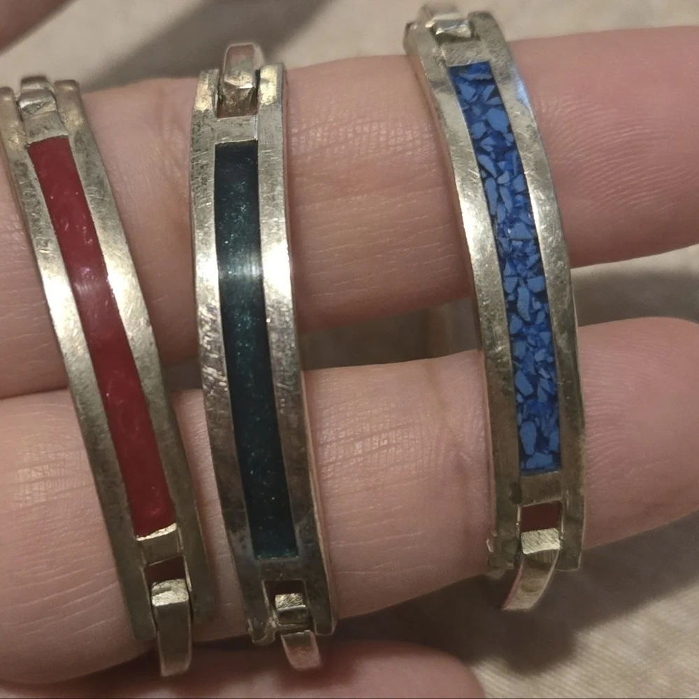 Vintage Charming Kids' Silver 925 Bangle Trio with Colorful Accents